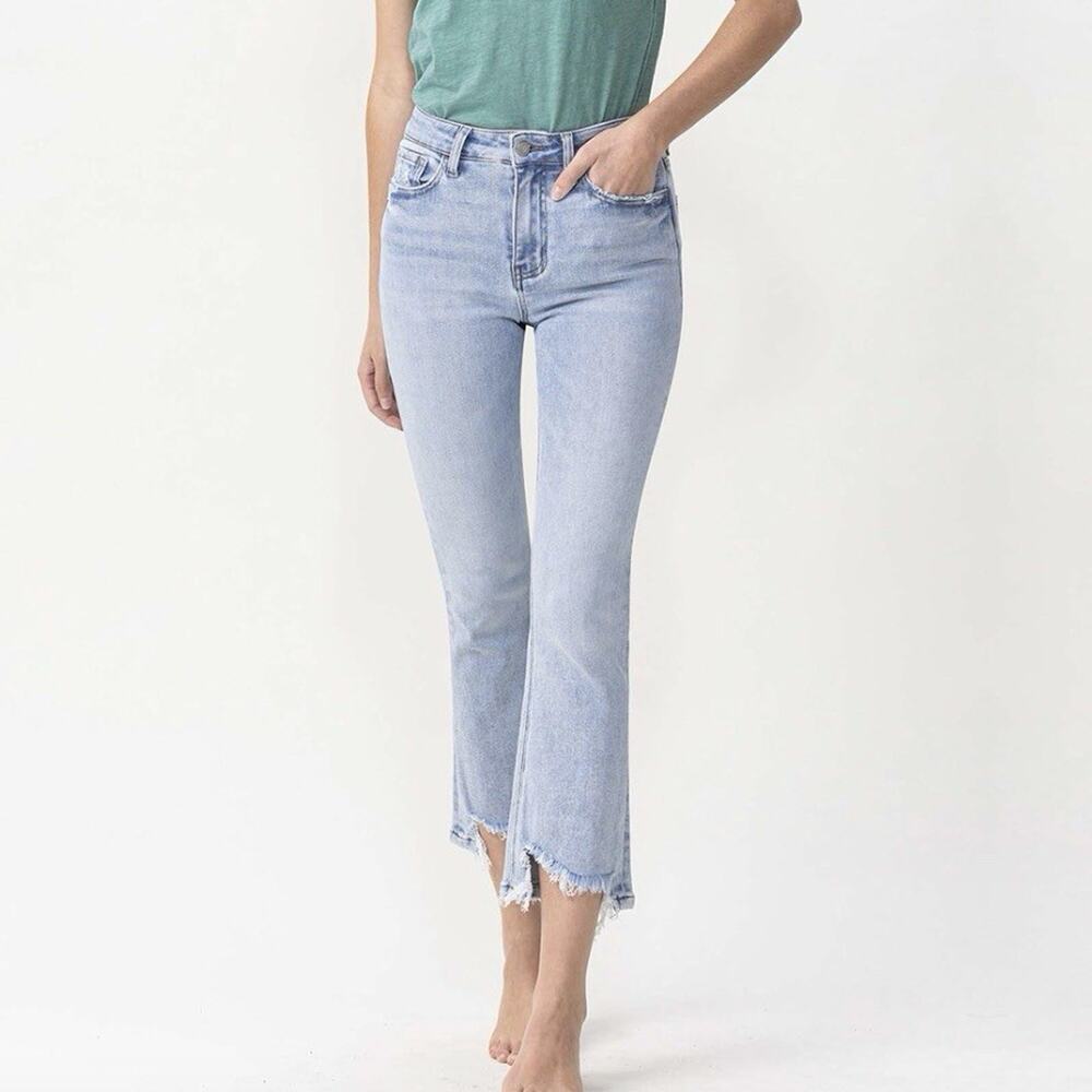 Lovervet by Vervet High Rise Crop Flare Jeans Raw Hem Light Wash Size 25